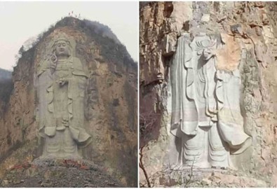 Tháng 2/2019, Trung Quốc cho nổ một tượng Phật Quan Âm cao gần 60m trên vách núi hậu điện chùa Hoàng An, Hà Bắc, Trung Quốc, không muốn dân chúng phục dựng lại, Trung Quốc còn cho nổ thêm một lần nữa nhằm hủy hoàn toàn bức tượng (Ảnh: NTDTV)