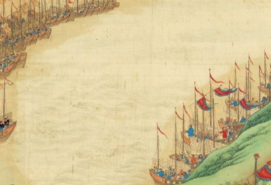 Hơn 100 chiến thuyền thủy quân triều Thanh xếp thành hàng ngang bao vây hạm đội cướp biển do Trương Bảo chỉ huy. (Bảo tàng Hàng hải Hong Kong)